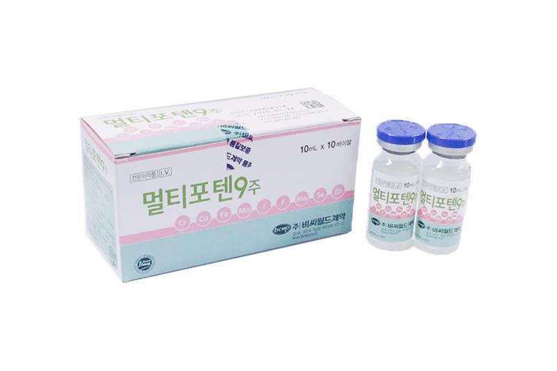 멀티포텐9주(Chromium 10㎍, Copper 1.3mg, Iron 1.1mg, Manganese 270㎍, Iodine 130㎍, Fluorine 950㎍, Molybdenum 19㎍, Selenium 32㎍, Zinc 6.5mg)